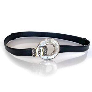 CHICO'S Women's Black Leather Large Circle Buckle Belt Adjustable Sz M/L